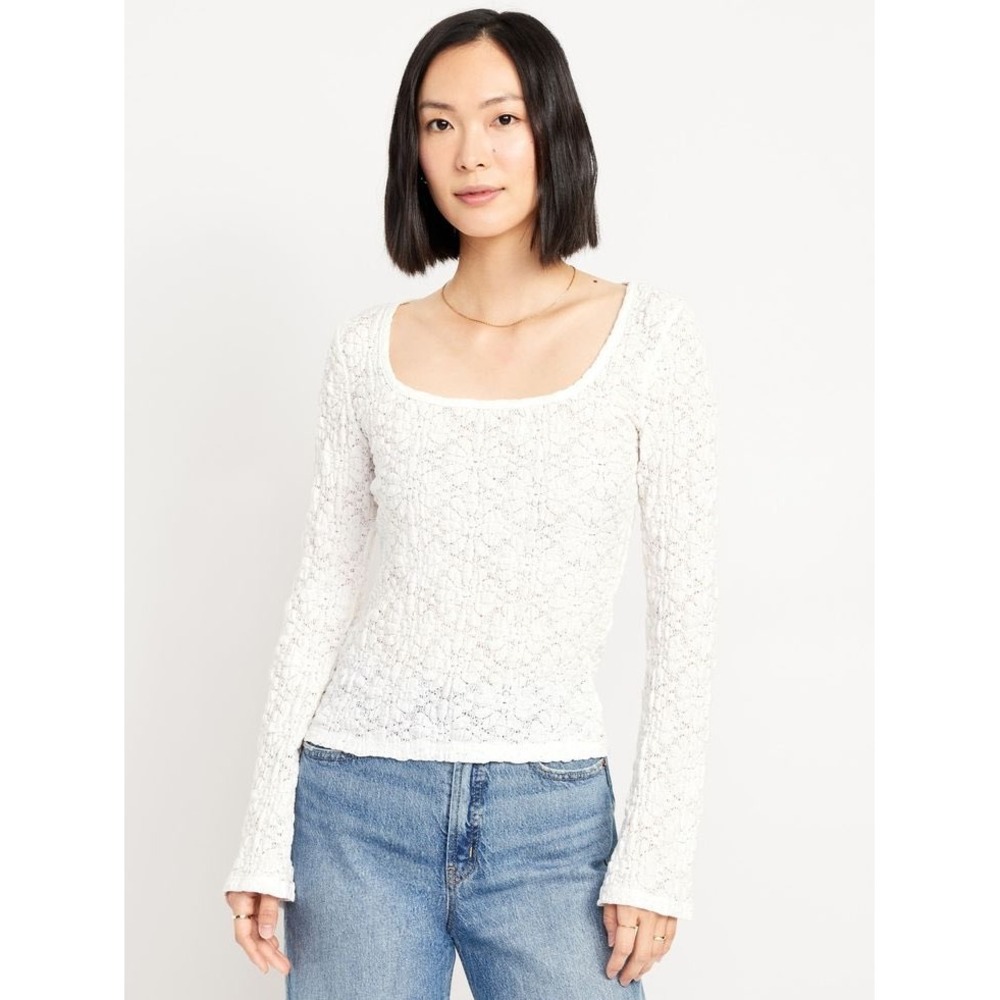 Old Navy Womens White Floral Lace Textured Scoop Neck Long Sleeve Top Large NWT